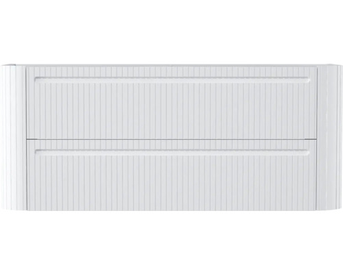 Waschtischunterschrank mit zwei Schubladen, gerillter Front und abgerundeten Seiten in Weiss.