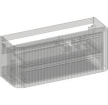 Wandhängender Waschbeckenunterschrank mit geriffelter Front und abgerundeten Ecken.