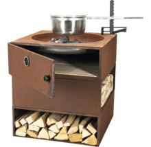 Cheminée de barbecue avec stockage du bois et espace de cuisson avec casserole