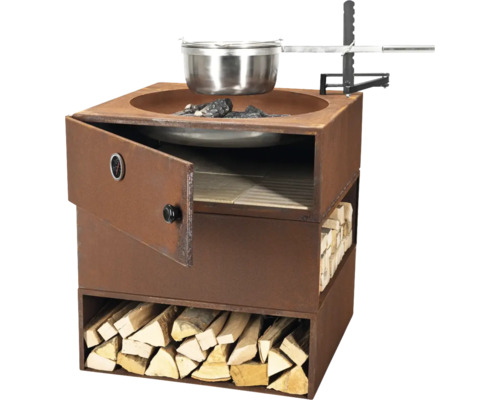 Cheminée de barbecue avec stockage du bois et espace de cuisson avec casserole