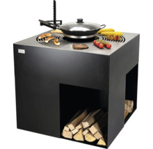 Table de grill avec rangement pour le bois, aliments grillés et ustensiles de cuisine
