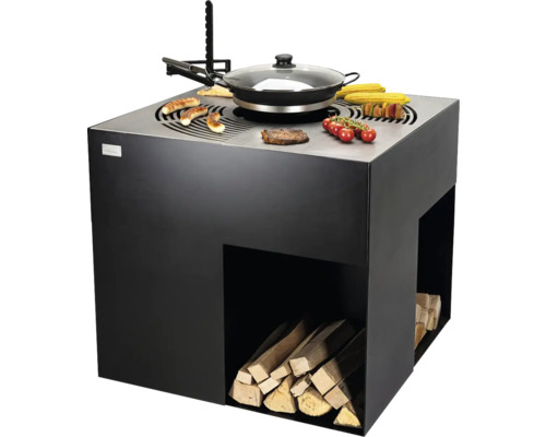 Table de grill avec rangement pour le bois, aliments grillés et ustensiles de cuisine
