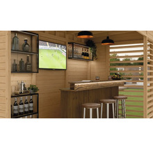 Holzgartenhaus mit Bar, Fernseher und Barhockern für den Aussenbereich