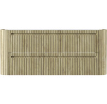Waschbeckenunterschrank mit zwei Schubladen, vertikale Lamellenstruktur, Holzoptik, abgerundete Ecken.