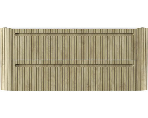 Waschbeckenunterschrank mit zwei Schubladen, vertikale Lamellenstruktur, Holzoptik, abgerundete Ecken.
