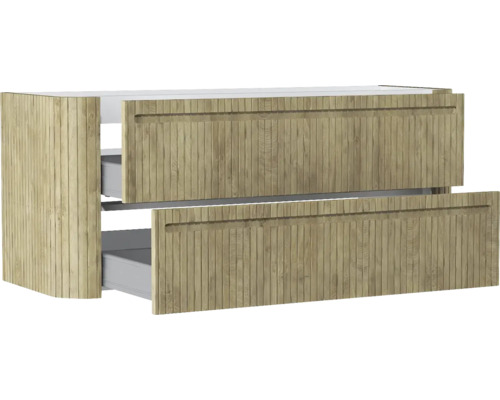 Waschtischunterschrank mit zwei Schubladen und Front in Lamellenoptik aus hellem Holz.