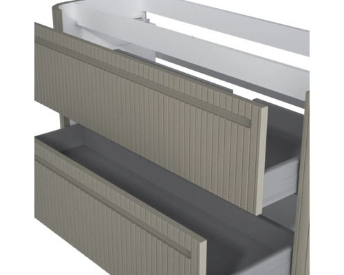 Waschbeckenunterschrank mit zwei Schubladen und vertikaler Rillenstruktur in Taupe.