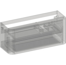 Waschtischunterschrank mit zwei Schubladen, abgerundeten Ecken und geriffelter Front in technischer Ansicht.
