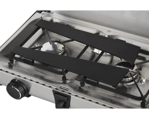 Réchaud à gaz portable avec deux brûleurs et support de casserole