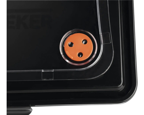 Vue détaillée d'une boîte de rangement noire avec valve orange