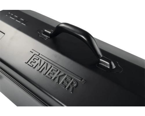 Vue détaillée d'une caisse à outils avec poignée et logo Tenneker