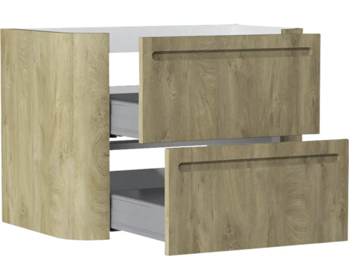 Waschtischunterschrank in Eiche-Optik mit zwei Auszügen und integrierten Griffmulden.