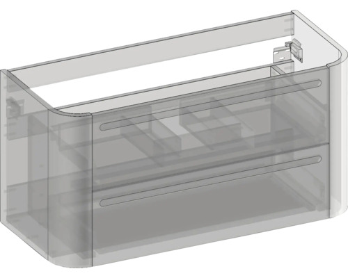 Waschtischunterschrank mit zwei Schubladen und abgerundeten Ecken.