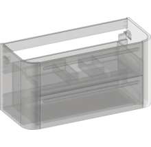 Waschtischunterschrank mit zwei Auszügen und abgerundeten Ecken in technischer Ansicht.