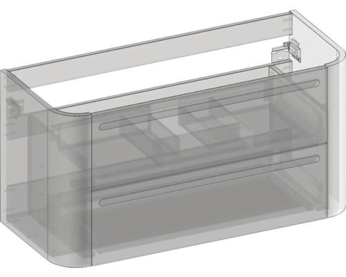 Waschtischunterschrank mit zwei Auszügen und abgerundeten Ecken in technischer Ansicht.