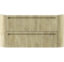 Waschbeckenunterschrank mit zwei Schubladen in Holzoptik, horizontalen Griffmulden und abgerundeten Seitenteilen.