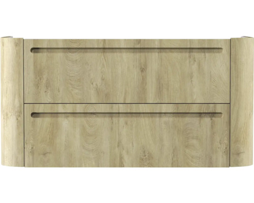 Waschbeckenunterschrank mit zwei Schubladen in Holzoptik, horizontalen Griffmulden und abgerundeten Seitenteilen.