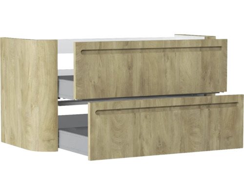 Waschbeckenunterschrank in Eichenoptik mit zwei Schubladen und integrierten Griffmulden.