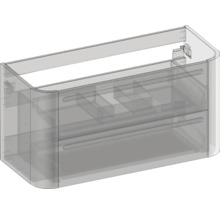 Waschtischunterschrank mit zwei Schubladen, abgerundeten Ecken und Inneneinteilung.