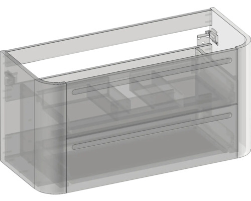 Waschtischunterschrank mit zwei Schubladen, abgerundeten Ecken und Inneneinteilung.