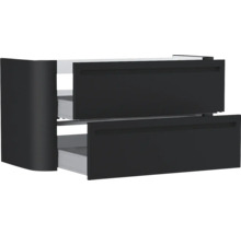 Schwarzer Waschbeckenunterschrank mit zwei Schubladen und integrierten Griffmulden.