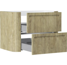 Waschbeckenunterschrank mit zwei Schubladen in Holzoptik und vertikalen Lamellen.