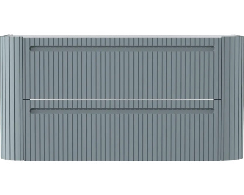 Waschtischunterschrank mit zwei Schubladen und geriffelter Front in Grau.
