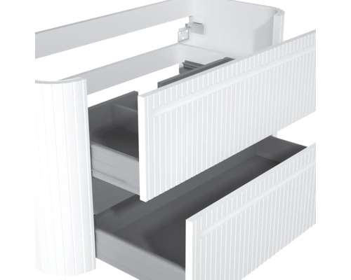 Waschbeckenunterschrank mit zwei Schubladen, vertikalem Rillendesign an der Front und abgerundeten Ecken.