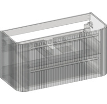 Waschtischunterschrank mit geriffelter Front und abgerundeten Ecken, zwei Schubladen, moderne Badmöbel.