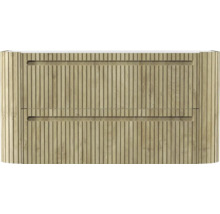 Waschbeckenunterschrank mit zwei Schubladen, vertikalen Lamellen in Holzoptik und horizontalen Griffmulden.