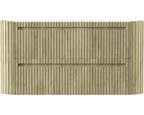 Waschbeckenunterschrank mit zwei Schubladen, vertikalen Lamellen in Holzoptik und horizontalen Griffmulden.