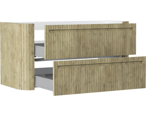 Badunterschrank in Eiche-Optik mit zwei Schubladen und vertikalen Lamellen.