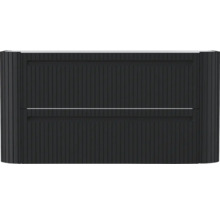Waschtischunterschrank mit zwei Schubladen und schwarzer Lamellenfront.