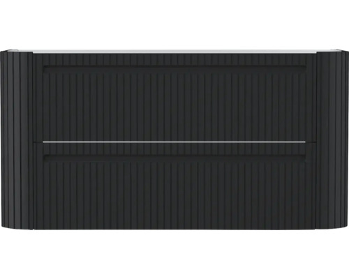 Waschtischunterschrank mit zwei Schubladen und schwarzer Lamellenfront.