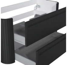 Waschtischunterschrank mit zwei Schubladen, geriffelte Front, abgerundete Seite, schwarz.