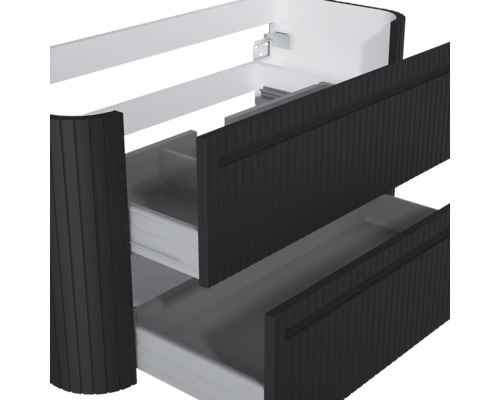 Waschtischunterschrank mit zwei Schubladen, geriffelte Front, abgerundete Seite, schwarz.