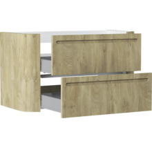 Waschtischunterschrank in Eiche-Optik mit zwei Schubladen und integrierten Griffmulden.