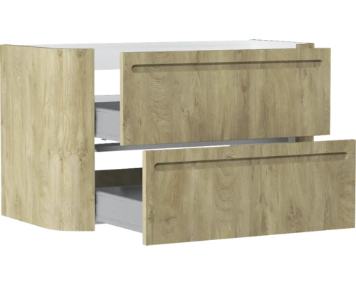 Waschtischunterschrank in Eiche-Optik mit zwei Schubladen und integrierten Griffmulden.
