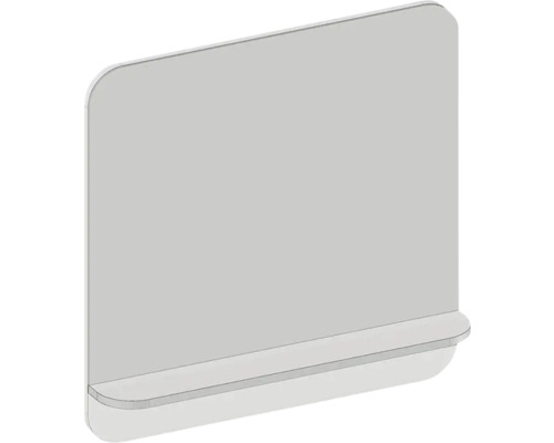Miroir rectangulaire avec coins arrondis et étagère intégrée.