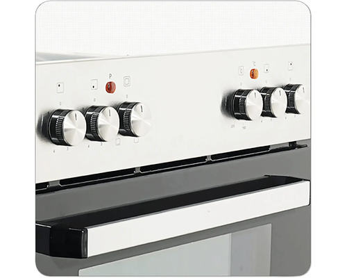 Vue détaillée d'une cuisinière avec boutons rotatifs pour contrôler les plaques de cuisson et les fonctions du four