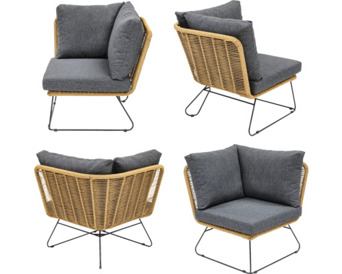 Mehrfachansicht eines Eck-Lounge-Sessels mit Rattanoptik und dunklen Kissen.