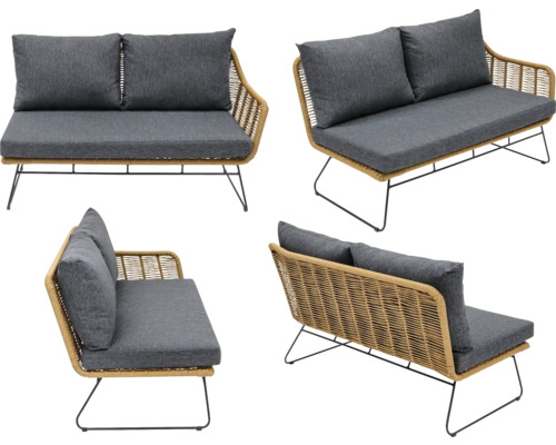 Gartencouch mit Kissen, Rattanoptik und Metallbeinen in verschiedenen Ansichten
