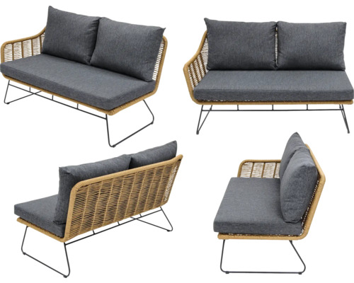 Gartensitzbank mit Rattangestell und Sitzkissen, verschiedene Ansichten