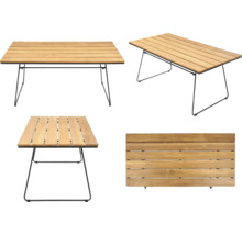 Verschiedene Ansichten eines Gartentisches mit Holzplatte und Metallgestell