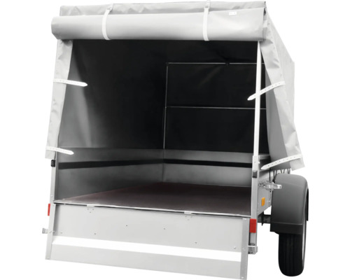 Anhänger mit Plane und Spriegel, Heckansicht