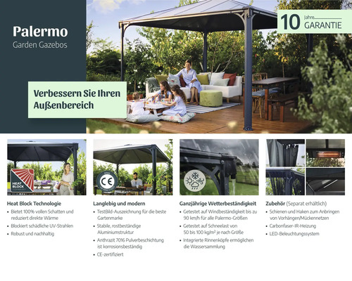 Palermo Gartenpavillons verbessern Ihren Aussenbereich mit Hitzeschutz, Langlebigkeit und Wetterbeständigkeit.