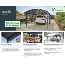 Arcadia Carport aus Aluminium mit Auto, Fahrrad und Schnee dargestellt.