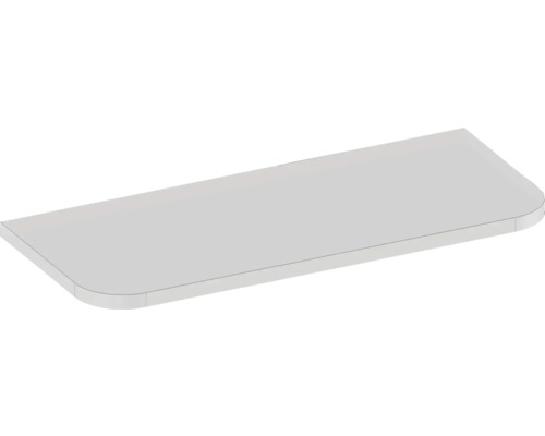 Tablette d'étagère blanche avec deux coins arrondis pour étagères murales ou meubles.