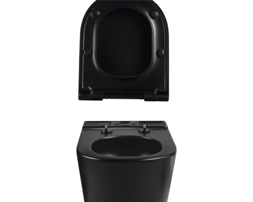 Schwarze Toilette mit offenem Toilettendeckel