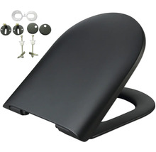 Schwarzer Toilettensitz mit Befestigungsmaterial